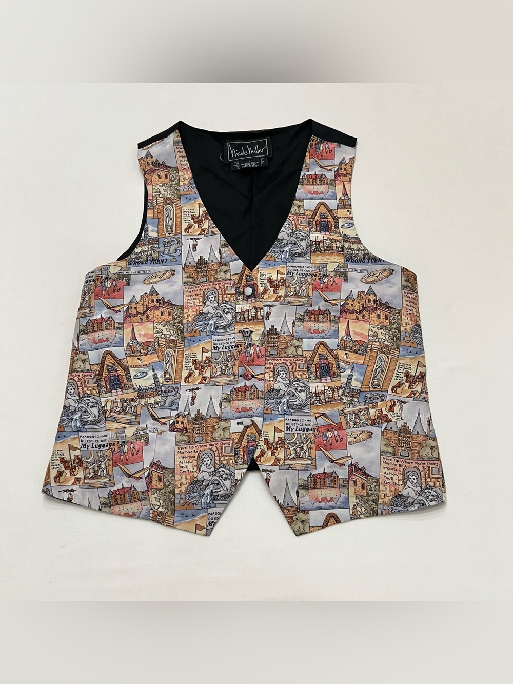Vintage Nicole Miller Silk Vest Sz Large Whimsical European Travel Print